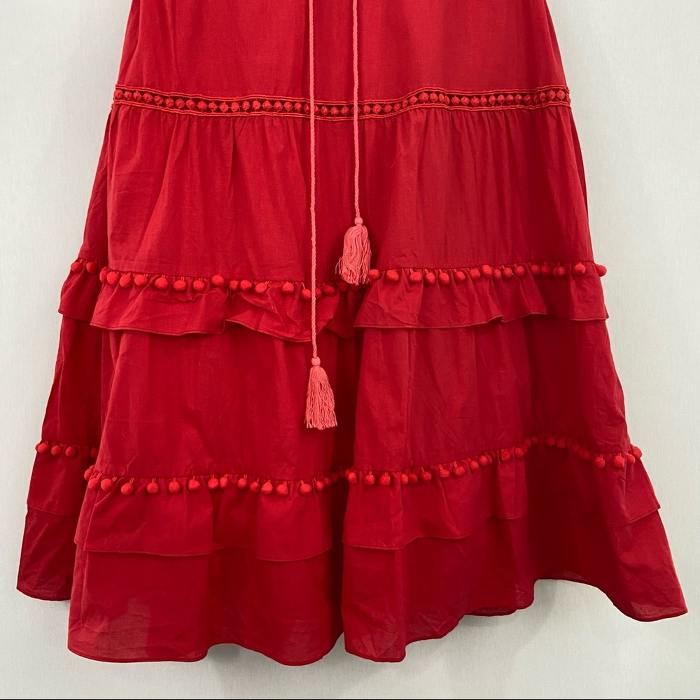 Boutique Large Red Tiered Pom Pom Ruffle Midi Dress - Picture 7 of 12